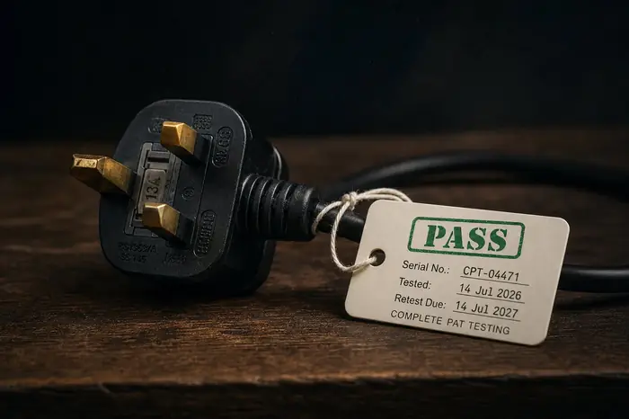 UK plug with a Complete PAT Testing pass tag