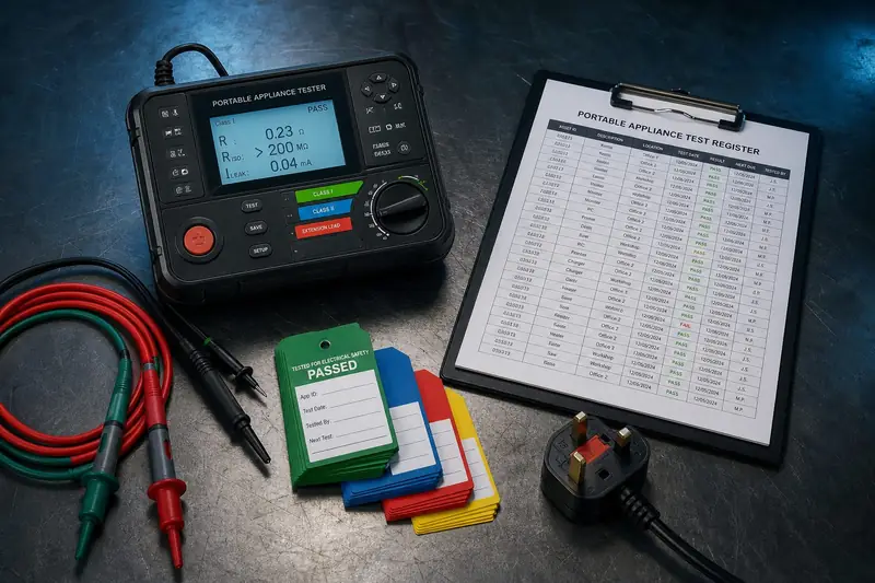 Calibrated PAT tester, coloured pass tags and an asset register on a workbench